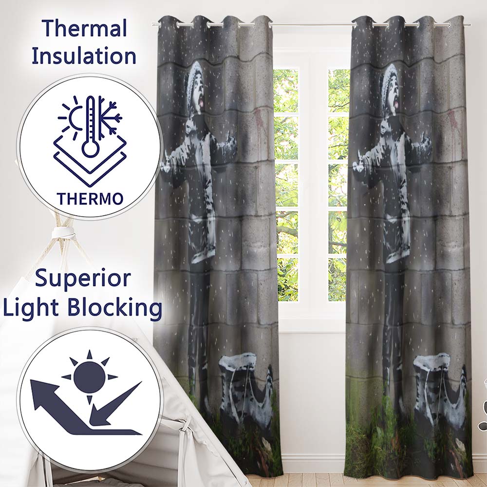 Child Catching Snow beside Small Boat Graffiti Bold Artwork for Living Room Decor Readymade Eyelet Ring Top Thermal 100% Blackout Curtains