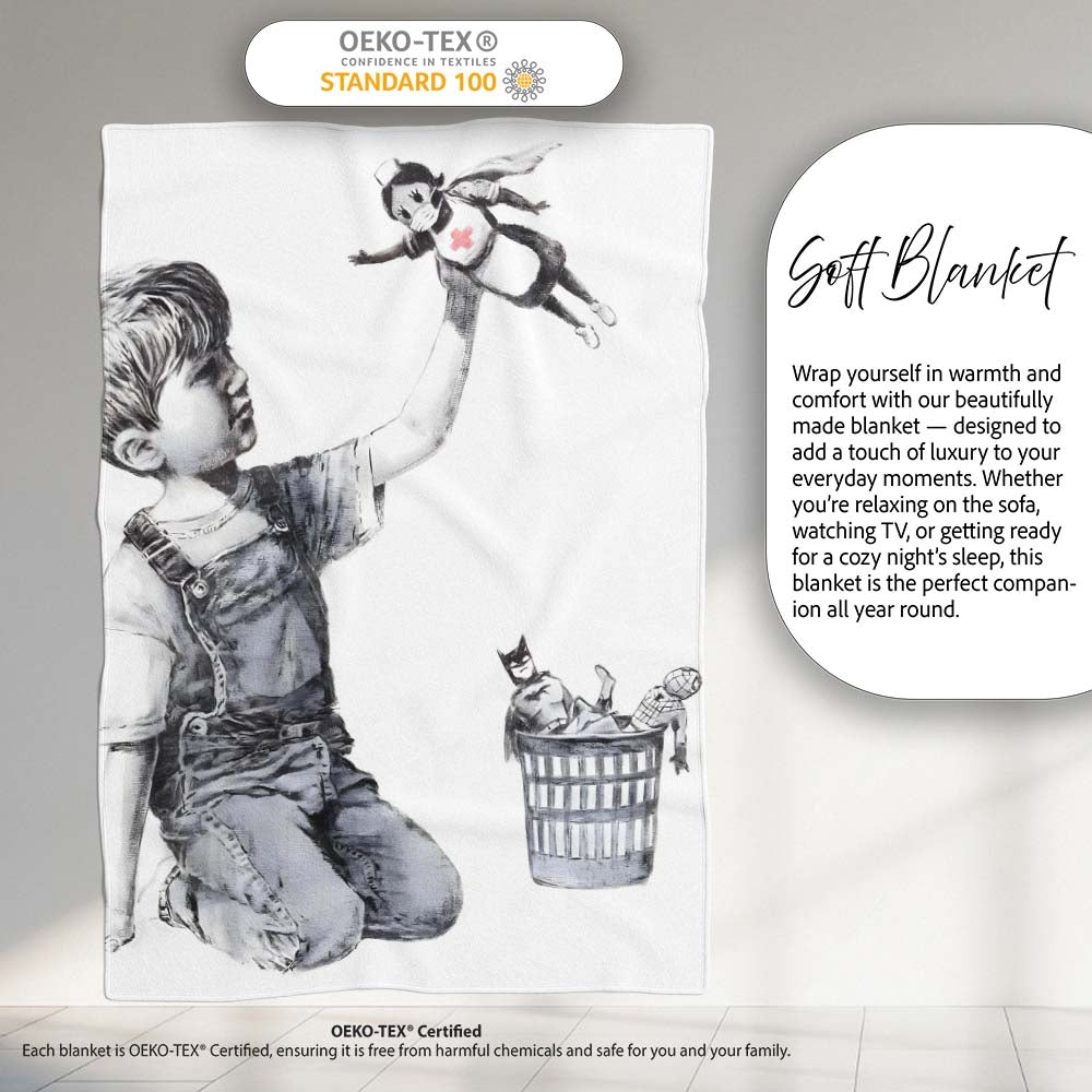 Boy Holding Flying Nurse Doll Monochrome Graffiti, All Season Comfort, Comfortable Everyday Use - Super Soft Fleece Blanket Bed Sofa Throw