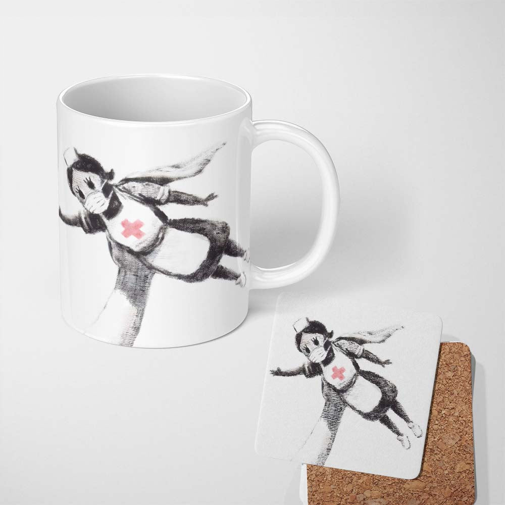 Flying Nurse Doll Red Cross Minimal Stencil Art 11oz Ceramic Coffee Tea Mug White Large Handle