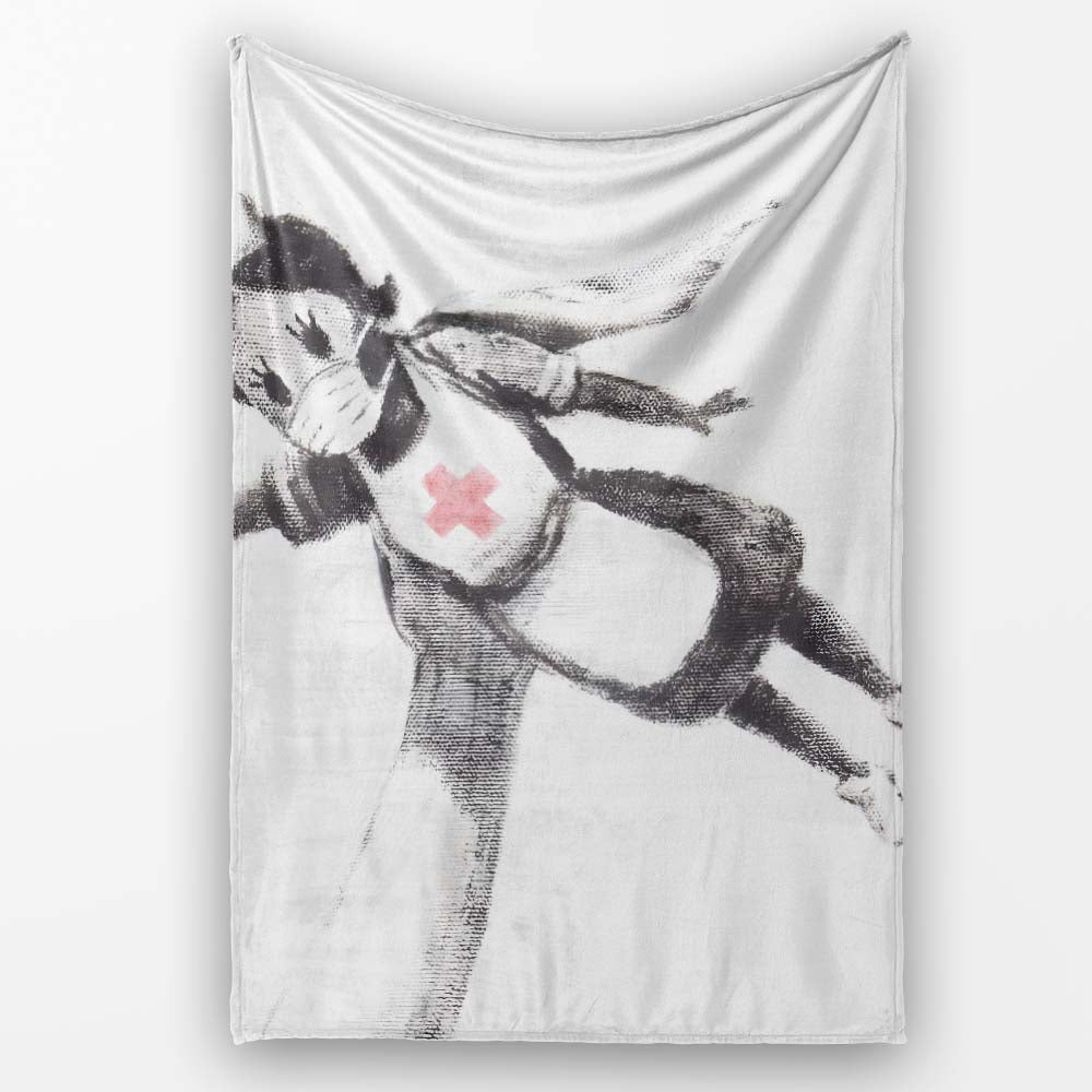 Flying Nurse Doll Red Cross Minimal Stencil Art, Bedroom Living Room Accent, All Season Comfort - Super Soft Fleece Blanket Bed Sofa Throw