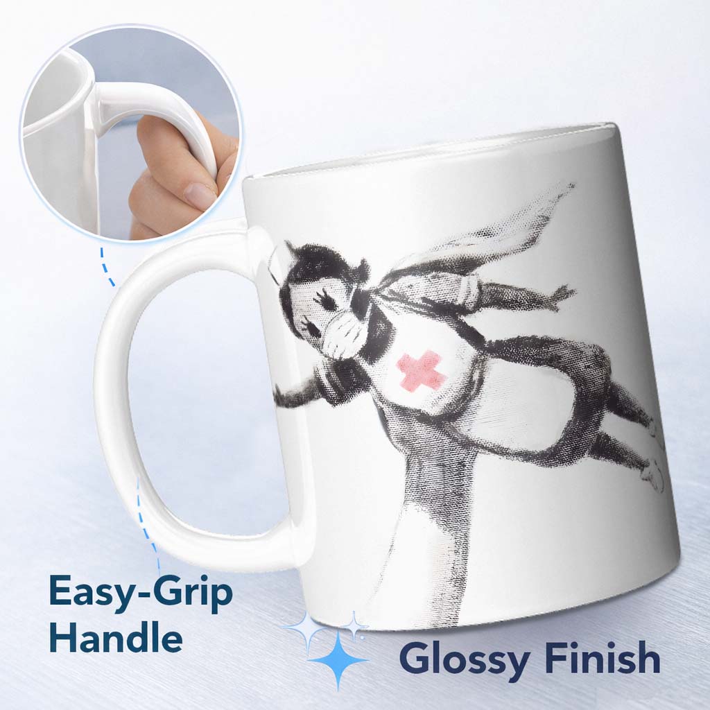 Flying Nurse Doll Red Cross Minimal Stencil Art 11oz Ceramic Coffee Tea Mug White Large Handle