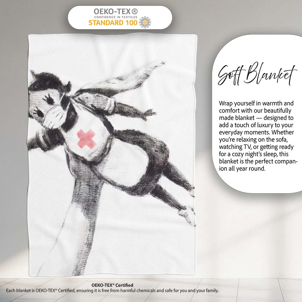 Flying Nurse Doll Red Cross Minimal Stencil Art, Bedroom Living Room Accent, All Season Comfort - Super Soft Fleece Blanket Bed Sofa Throw