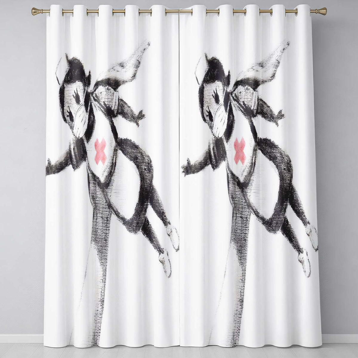 Flying Nurse Doll Red Cross Minimal Stencil Art Vibrant Artwork for Bedroom Decor Readymade Eyelet Ring Top Thermal 100% Blackout Curtains