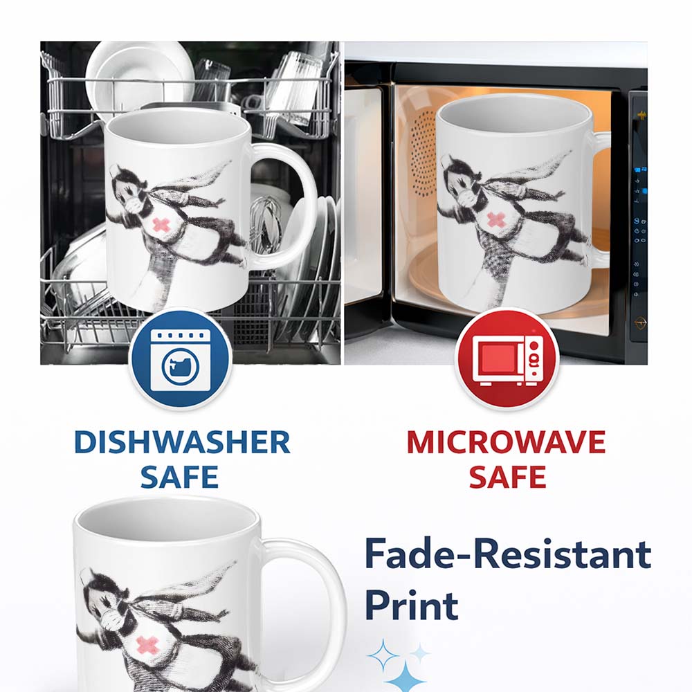 Flying Nurse Doll Red Cross Minimal Stencil Art 11oz Ceramic Coffee Tea Mug White Large Handle