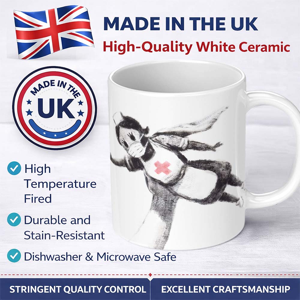 Flying Nurse Doll Red Cross Minimal Stencil Art 11oz Ceramic Coffee Tea Mug White Large Handle