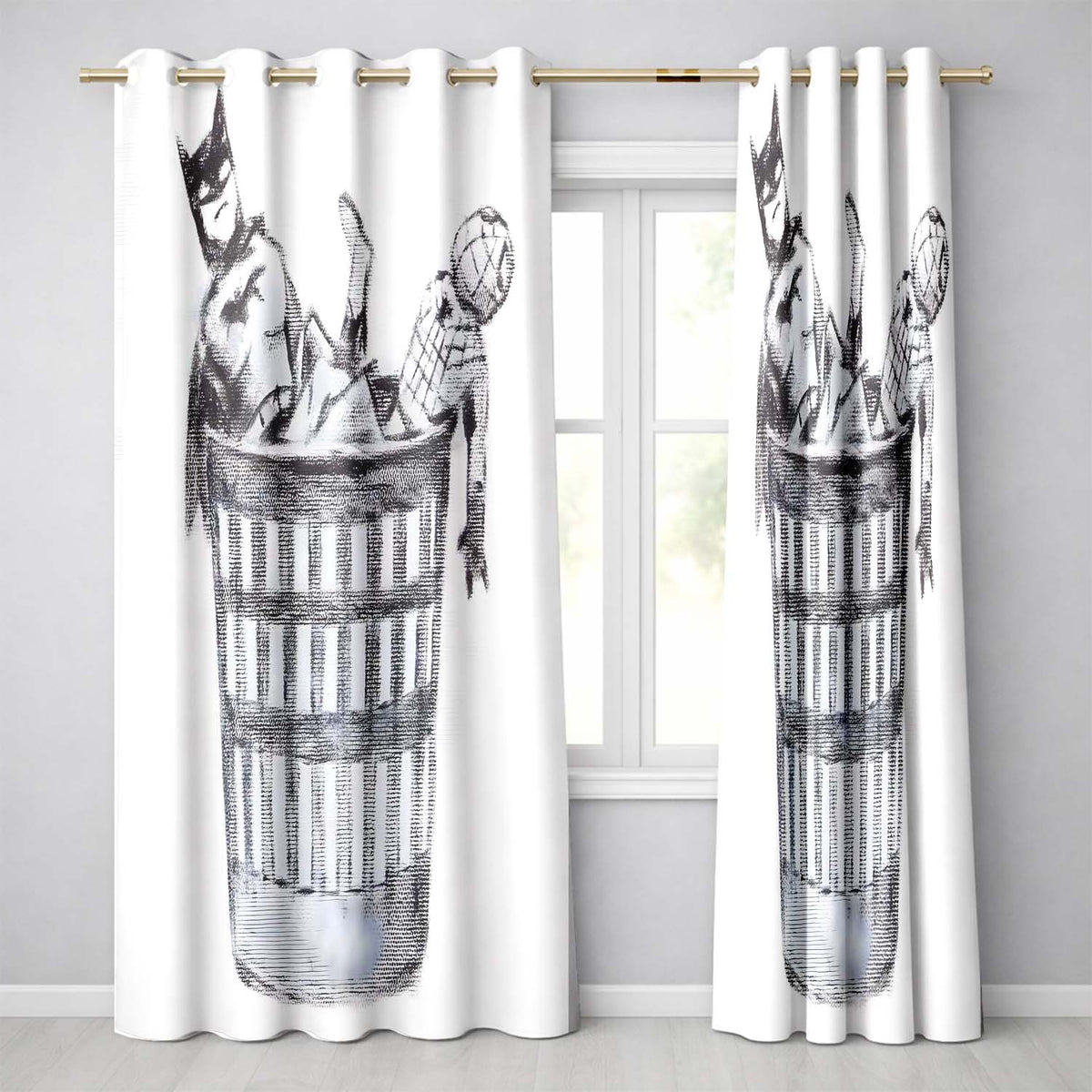 Discarded Masked Action Figures Monochrome Stencil Artistic Design for Home Decor Readymade Eyelet Ring Top Thermal 100% Blackout Curtains