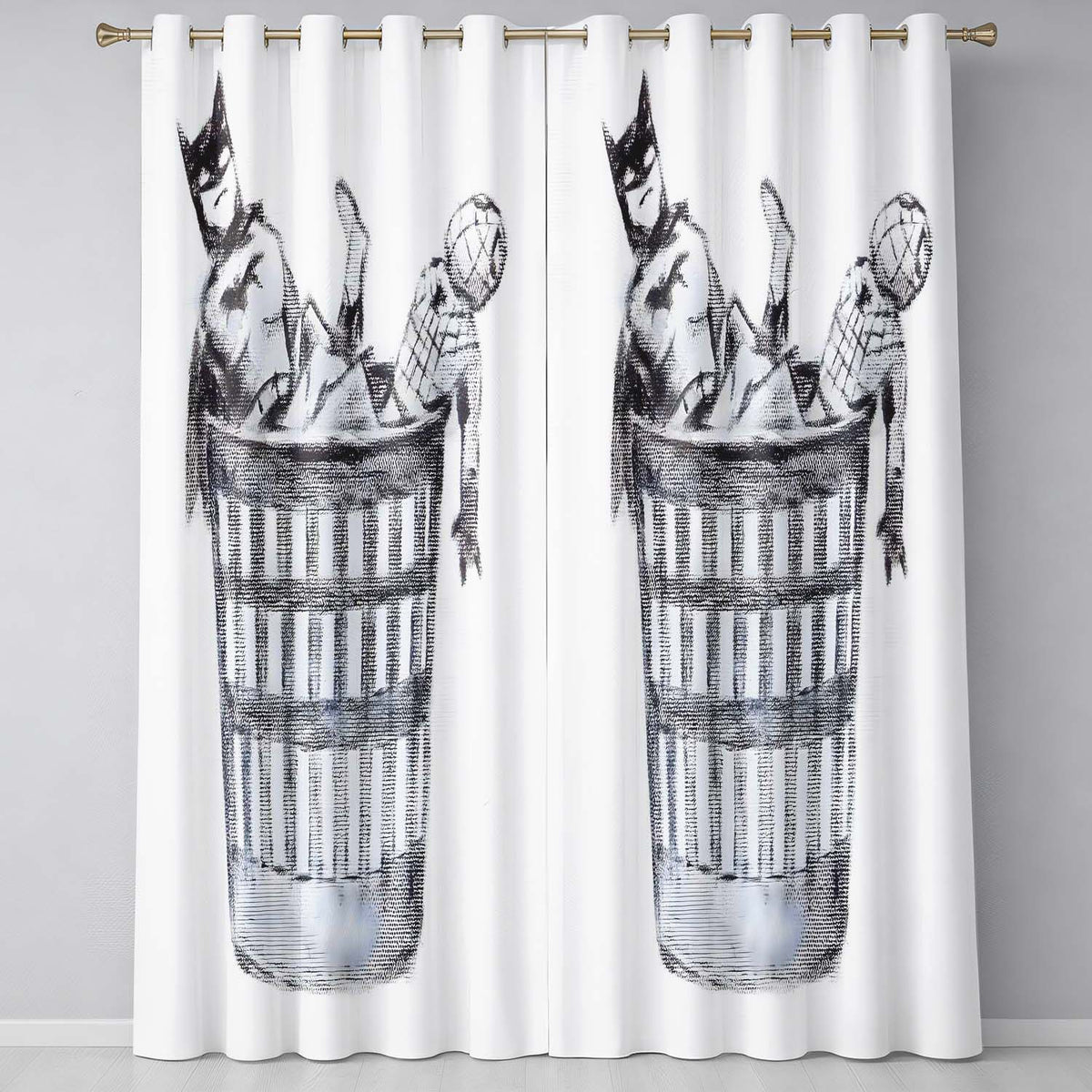 Discarded Masked Action Figures Monochrome Stencil Artistic Design for Home Decor Readymade Eyelet Ring Top Thermal 100% Blackout Curtains