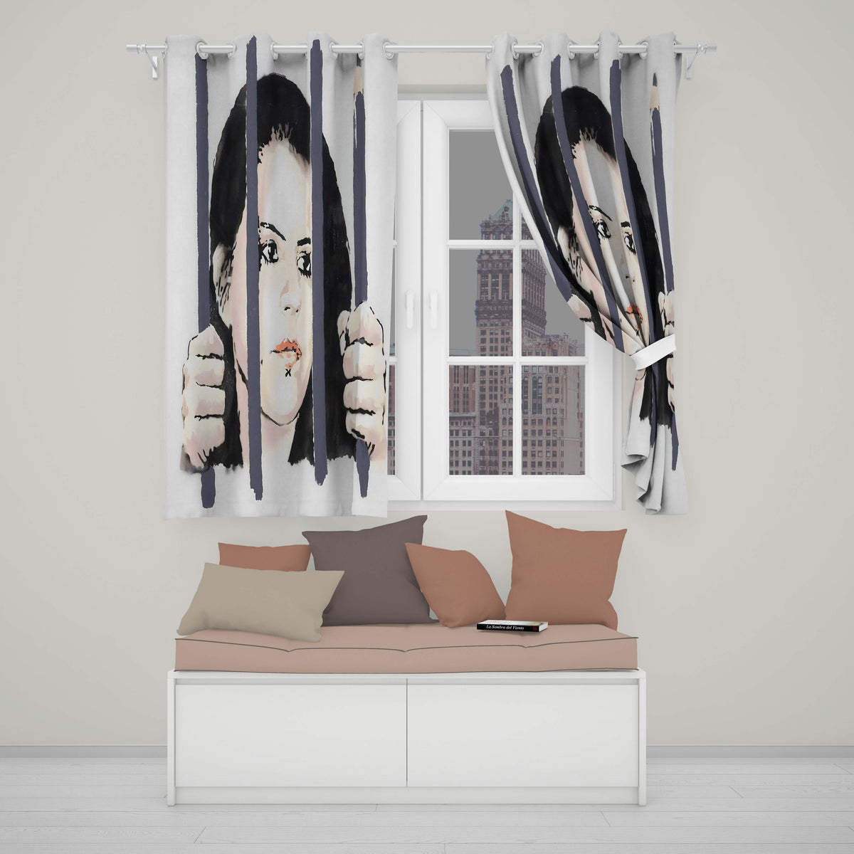 Woman Behind Prison Bars Minimal Stencil Portrait Distinctive Wall Art Home Decor Readymade Eyelet Ring Top Thermal 100% Blackout Curtains