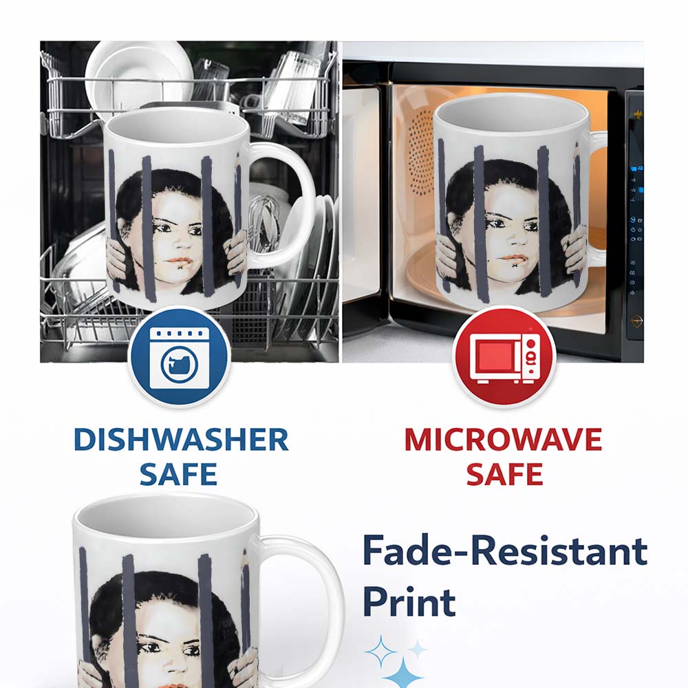 Woman Behind Prison Bars Minimal Stencil Portrait 11oz Ceramic Coffee Tea Mug White Large Handle