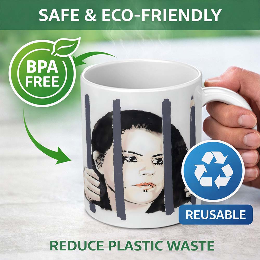 Woman Behind Prison Bars Minimal Stencil Portrait 11oz Ceramic Coffee Tea Mug White Large Handle