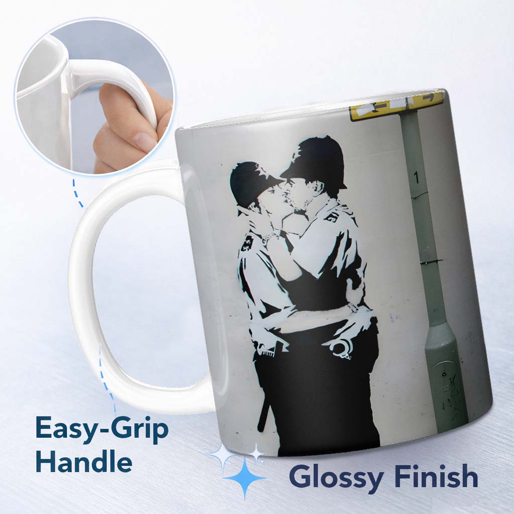 Kissing Police Officers Monochrome Urban Stencil 11oz Ceramic Coffee Tea Mug White Large Handle