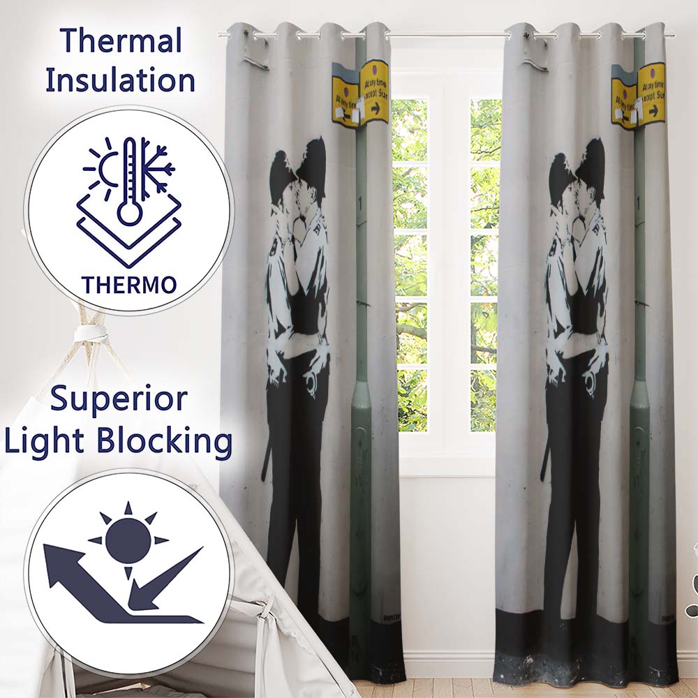 Kissing Police Officers Monochrome Urban Stencil Unique Artwork for Bedroom Decor Readymade Eyelet Ring Top Thermal 100% Blackout Curtains