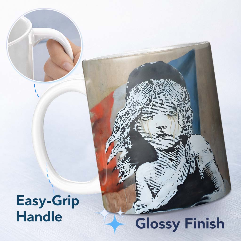 Crying Girl Red Blue Abstract Stencil Portrait 11oz Ceramic Coffee Tea Mug White Large Handle