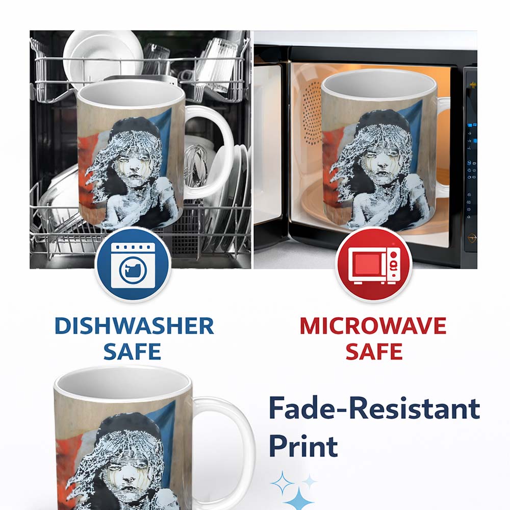 Crying Girl Red Blue Abstract Stencil Portrait 11oz Ceramic Coffee Tea Mug White Large Handle