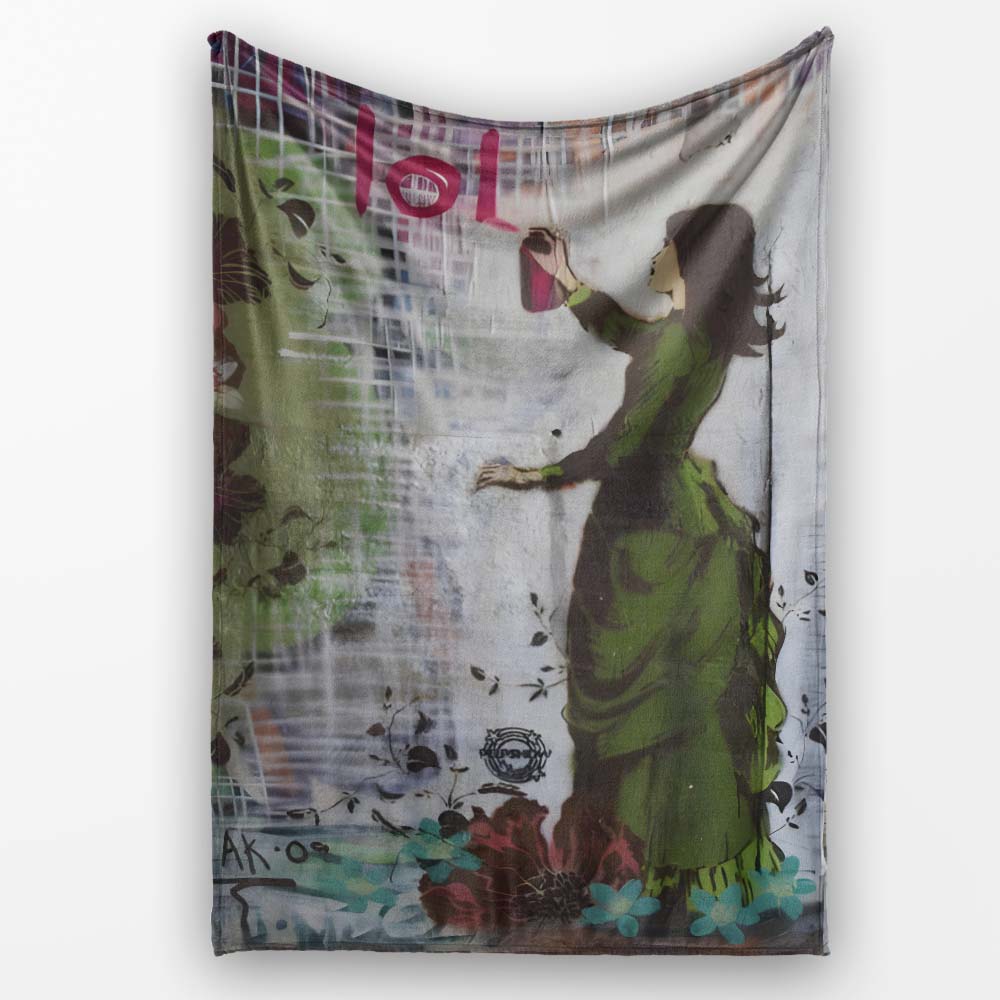 Woman in Green Dress Floral Urban Graffiti, Decorative Wall Art Style, Comfortable Everyday Use - Super Soft Fleece Blanket Bed Sofa Throw