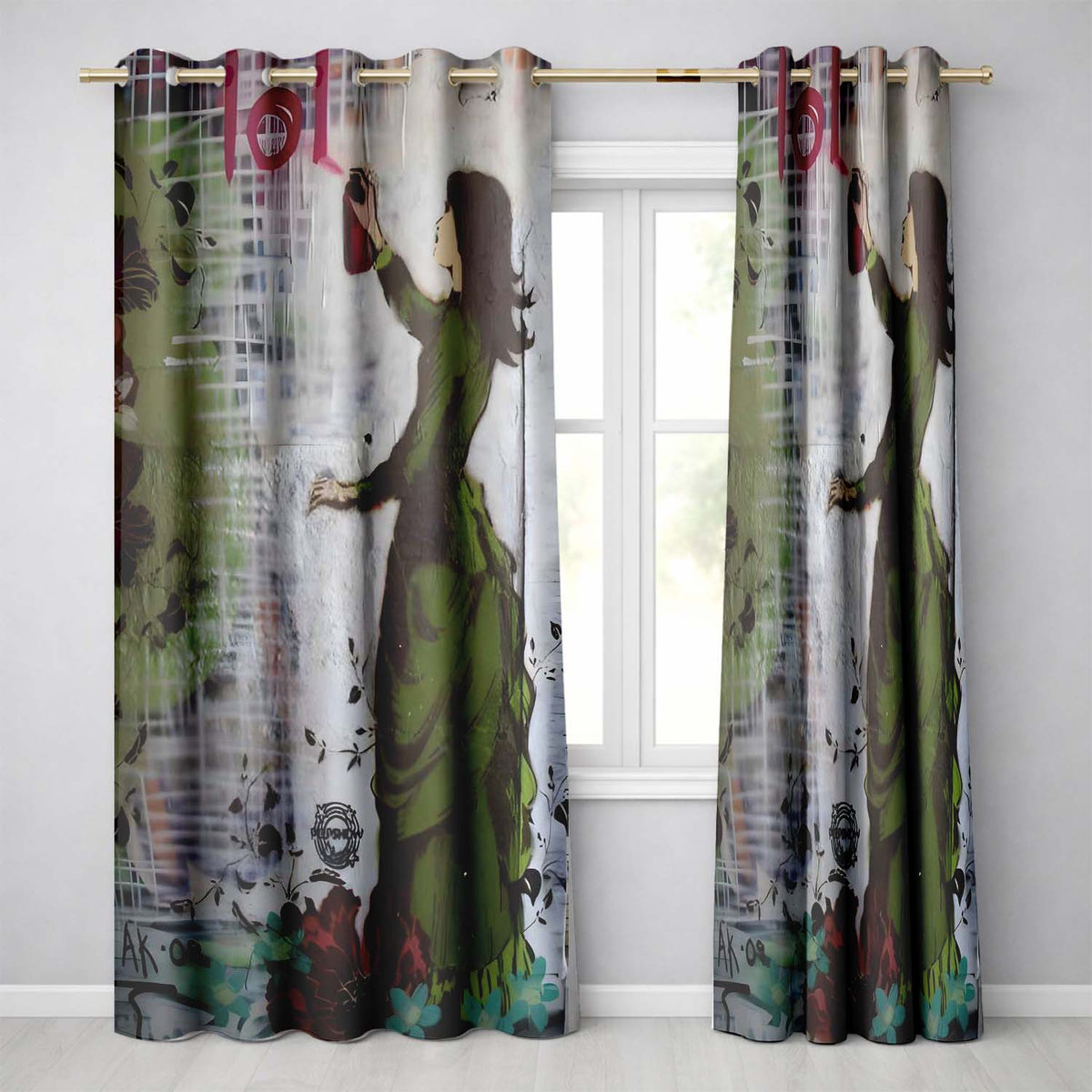 Woman in Green Dress Floral Urban Graffiti Artistic Artwork for Living Room Decor Readymade Eyelet Ring Top Thermal 100% Blackout Curtains