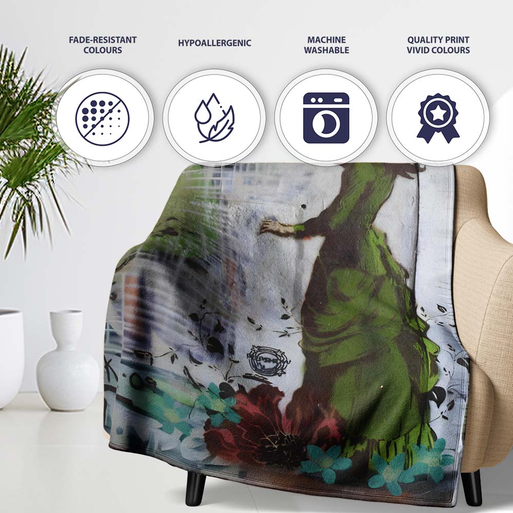 Woman in Green Dress Floral Urban Graffiti, Decorative Wall Art Style, Comfortable Everyday Use - Super Soft Fleece Blanket Bed Sofa Throw