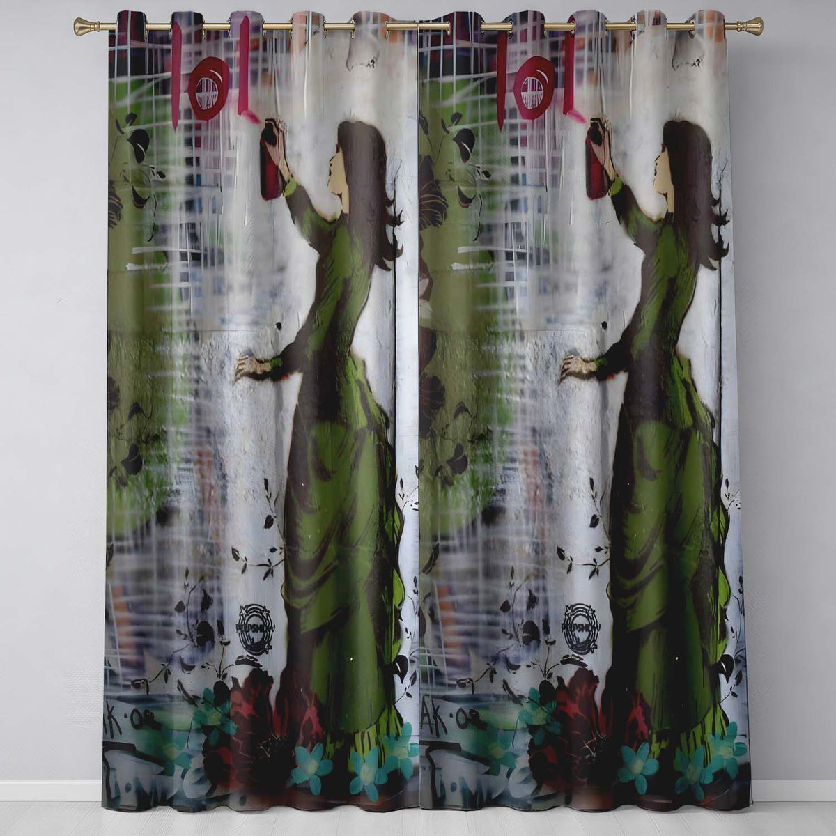 Woman in Green Dress Floral Urban Graffiti Artistic Artwork for Living Room Decor Readymade Eyelet Ring Top Thermal 100% Blackout Curtains