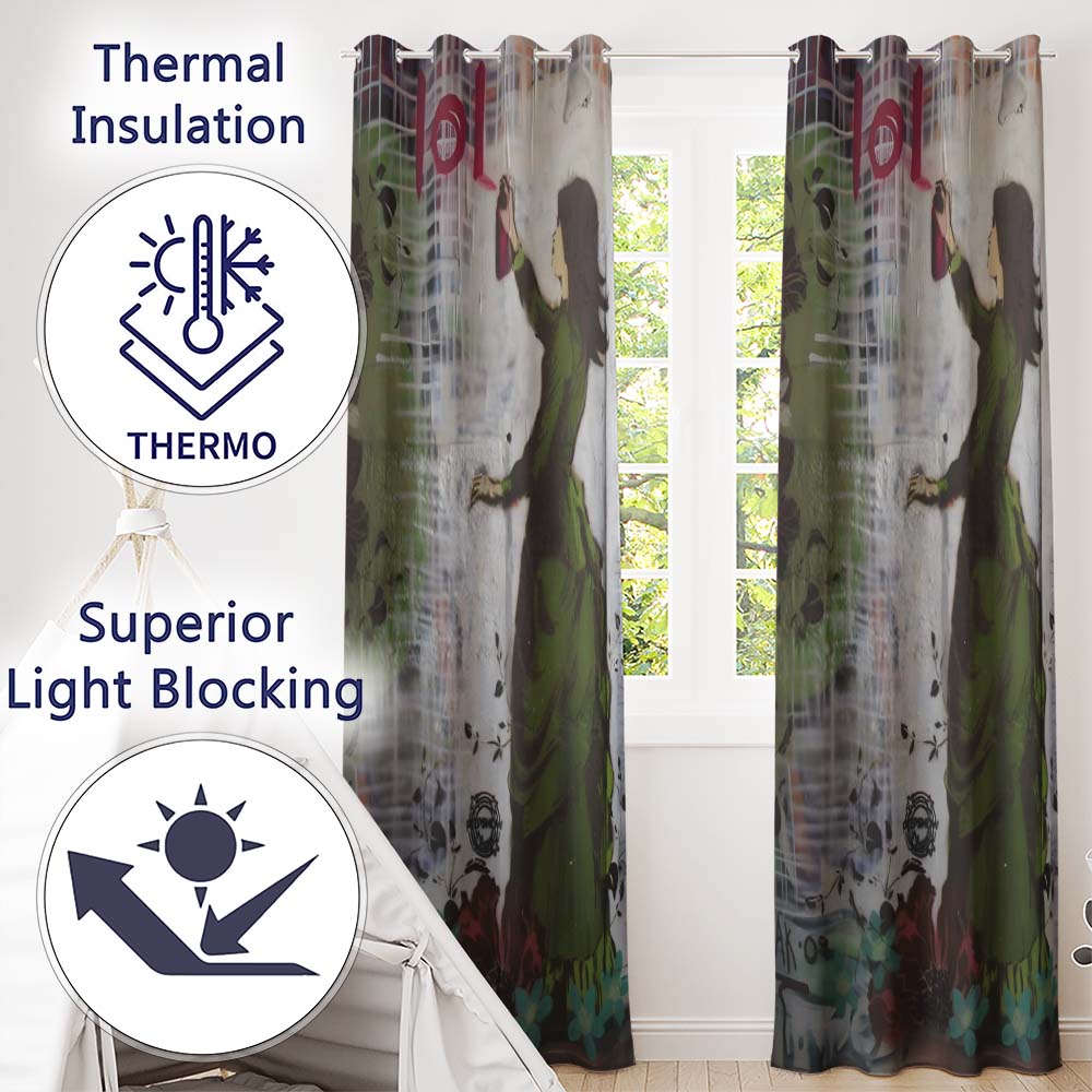 Woman in Green Dress Floral Urban Graffiti Artistic Artwork for Living Room Decor Readymade Eyelet Ring Top Thermal 100% Blackout Curtains