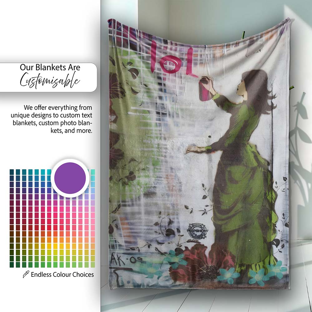 Woman in Green Dress Floral Urban Graffiti, Decorative Wall Art Style, Comfortable Everyday Use - Super Soft Fleece Blanket Bed Sofa Throw