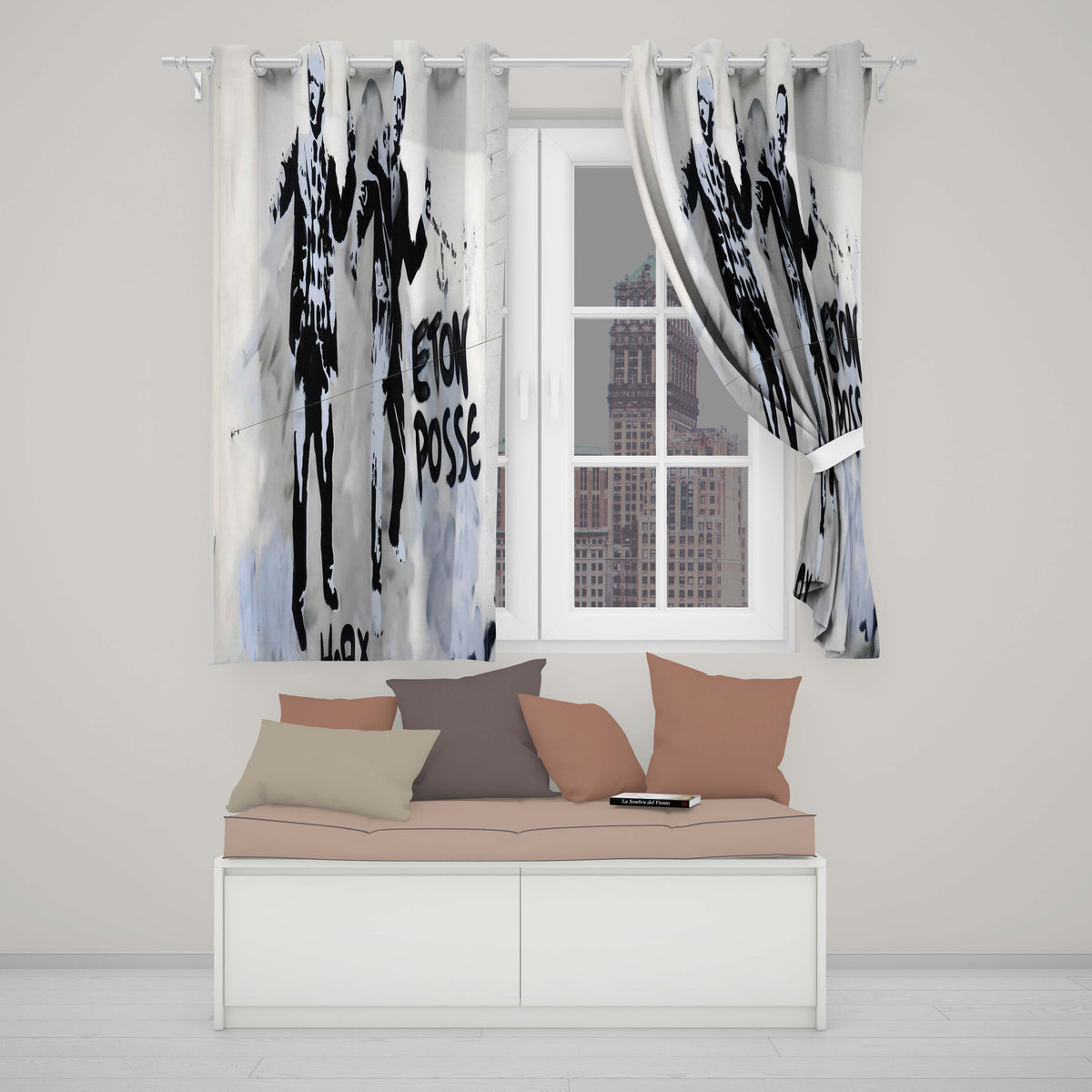 Monochrome Music Duo Urban Performance Graffiti Elegant Artwork for Bedroom Decor Readymade Eyelet Ring Top Thermal 100% Blackout Curtains