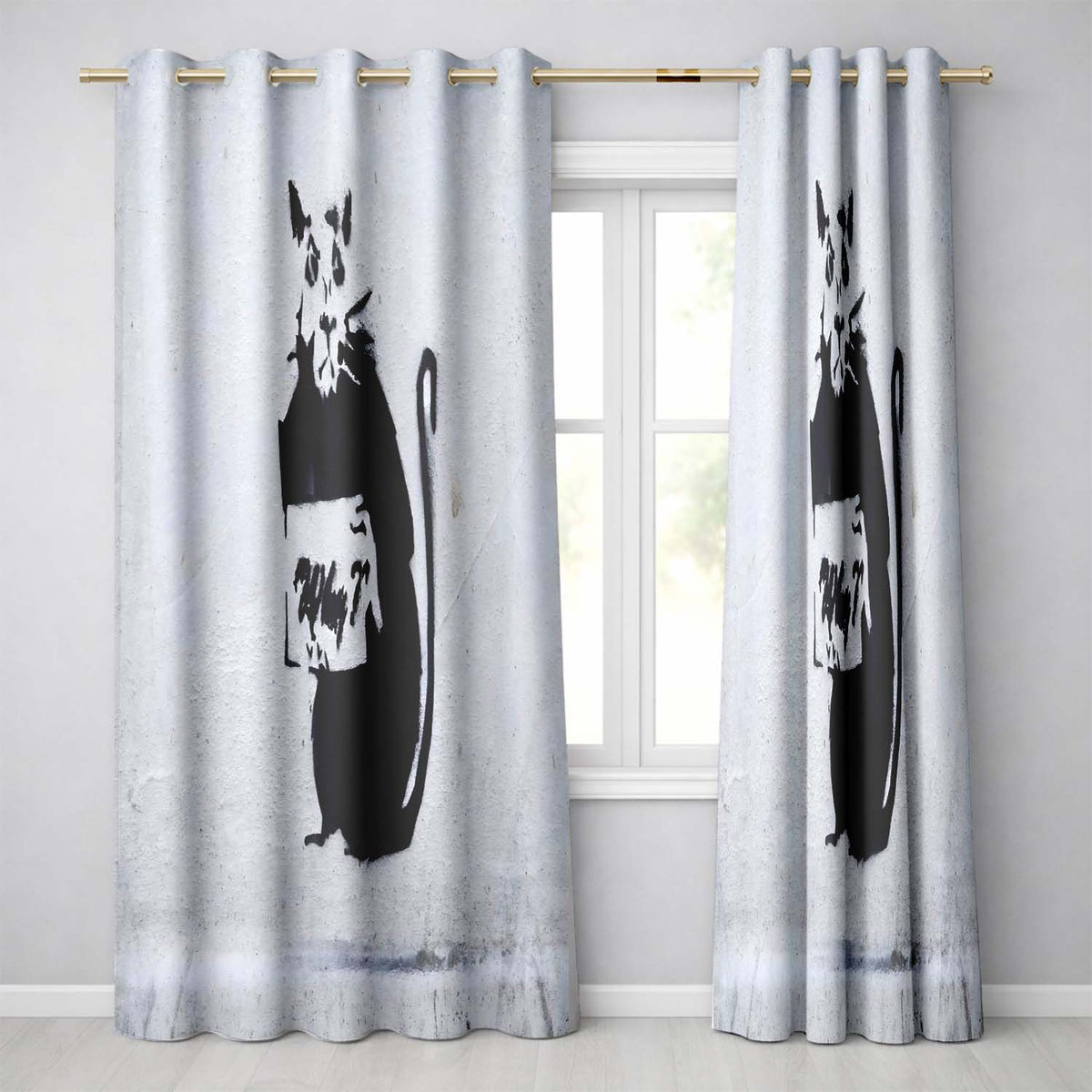Black Rat Holding Sign Minimal Urban Stencil Bold Striking Artwork for Home Decor Readymade Eyelet Ring Top Thermal 100% Blackout Curtains
