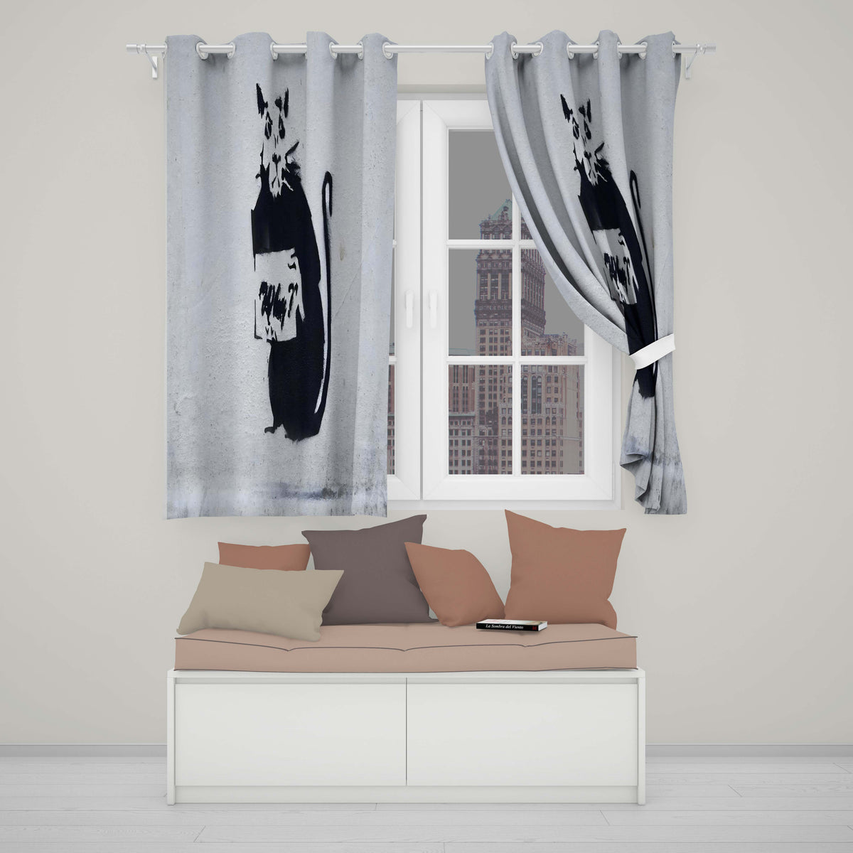 Black Rat Holding Sign Minimal Urban Stencil Bold Striking Artwork for Home Decor Readymade Eyelet Ring Top Thermal 100% Blackout Curtains