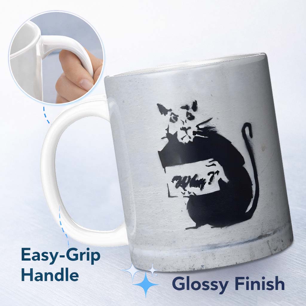 Black Rat Holding Sign Minimal Urban Stencil 11oz Ceramic Coffee Tea Mug White Large Handle