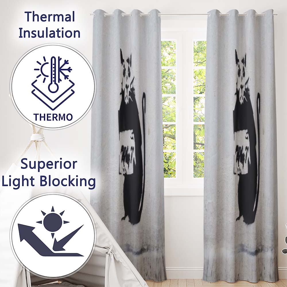 Black Rat Holding Sign Minimal Urban Stencil Bold Striking Artwork for Home Decor Readymade Eyelet Ring Top Thermal 100% Blackout Curtains