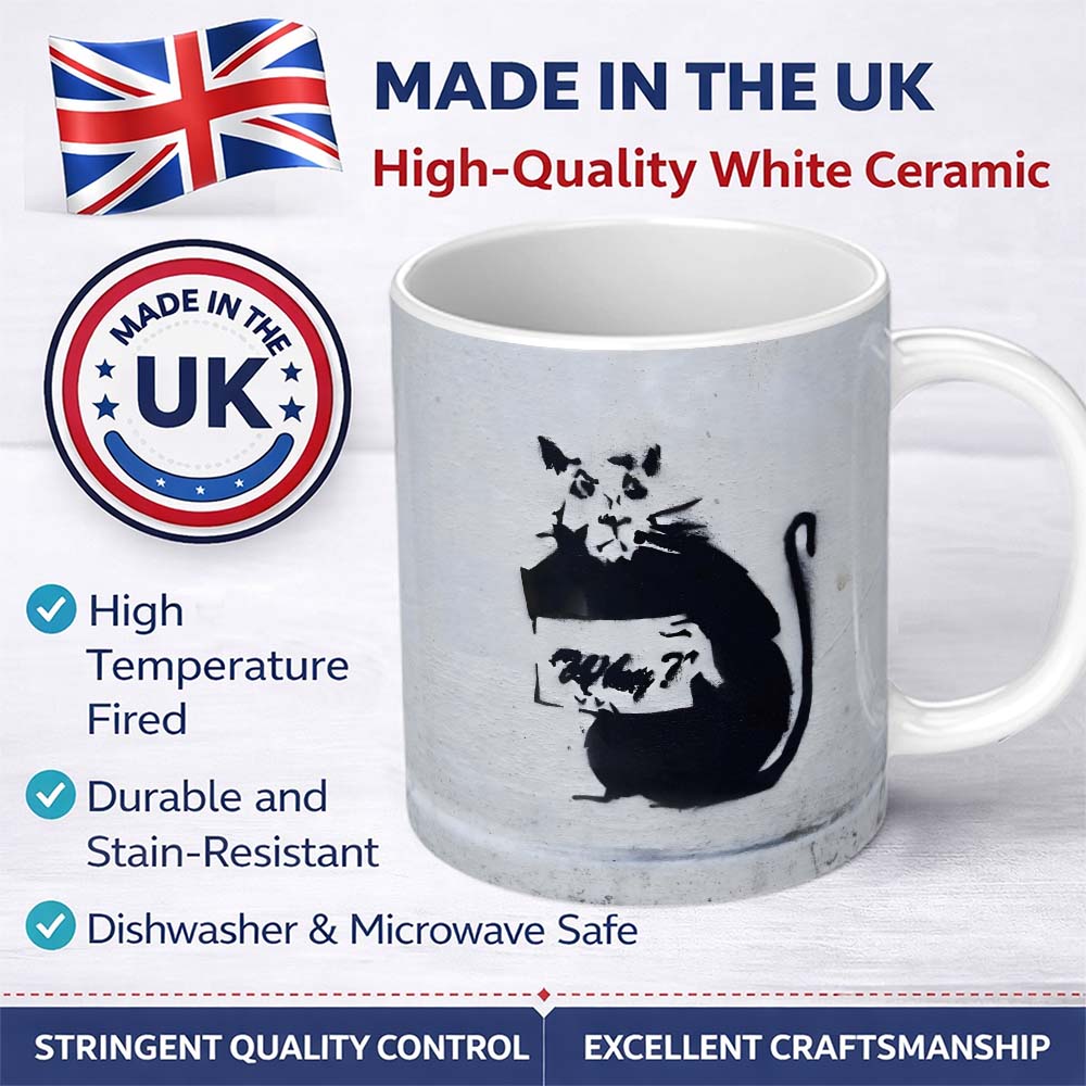 Black Rat Holding Sign Minimal Urban Stencil 11oz Ceramic Coffee Tea Mug White Large Handle