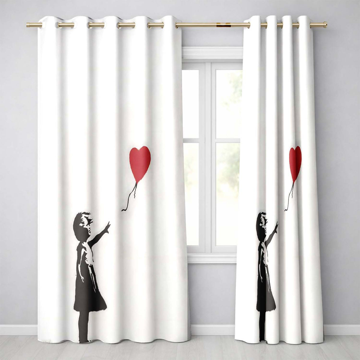 Girl Releasing Red Heart Balloon Minimal Stencil Expressive Design for Home Decor Readymade Eyelet Ring Top Thermal 100% Blackout Curtains