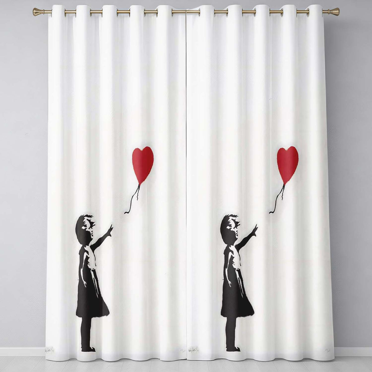 Girl Releasing Red Heart Balloon Minimal Stencil Expressive Design for Home Decor Readymade Eyelet Ring Top Thermal 100% Blackout Curtains