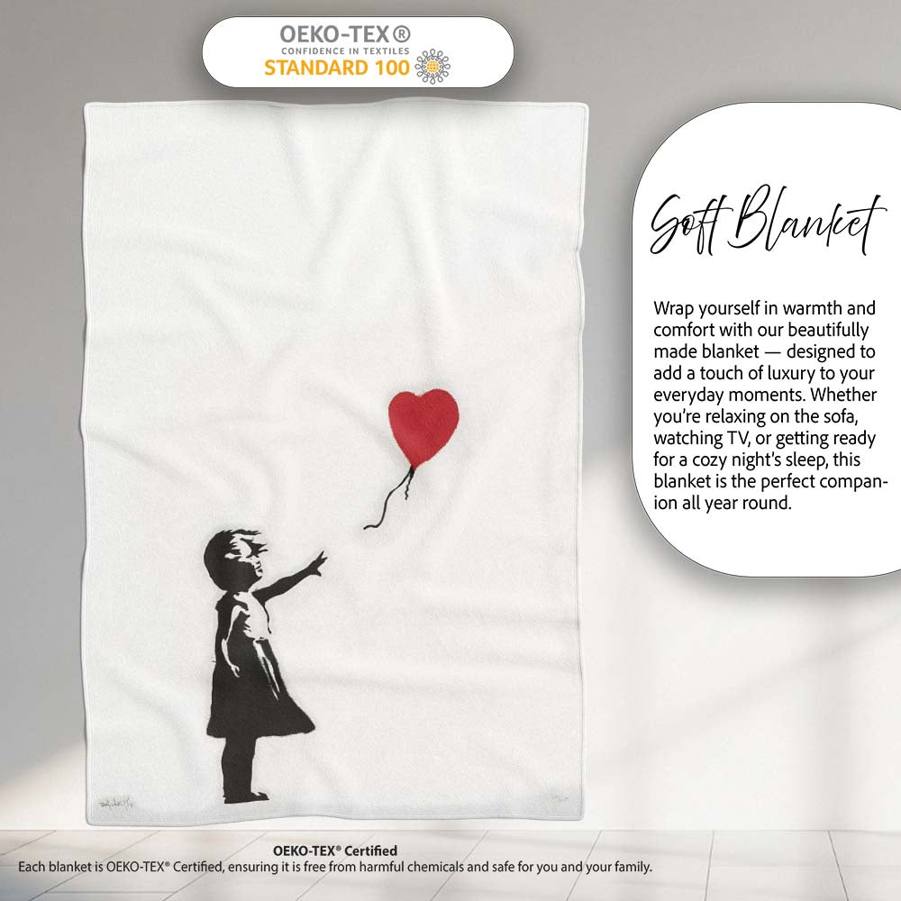 Girl Releasing Red Heart Balloon Minimal Stencil, All Season Comfort, Decorative Wall Art Style - Super Soft Fleece Blanket Bed Sofa Throw