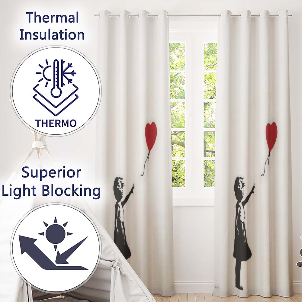 Girl Releasing Red Heart Balloon Minimal Stencil Expressive Design for Home Decor Readymade Eyelet Ring Top Thermal 100% Blackout Curtains