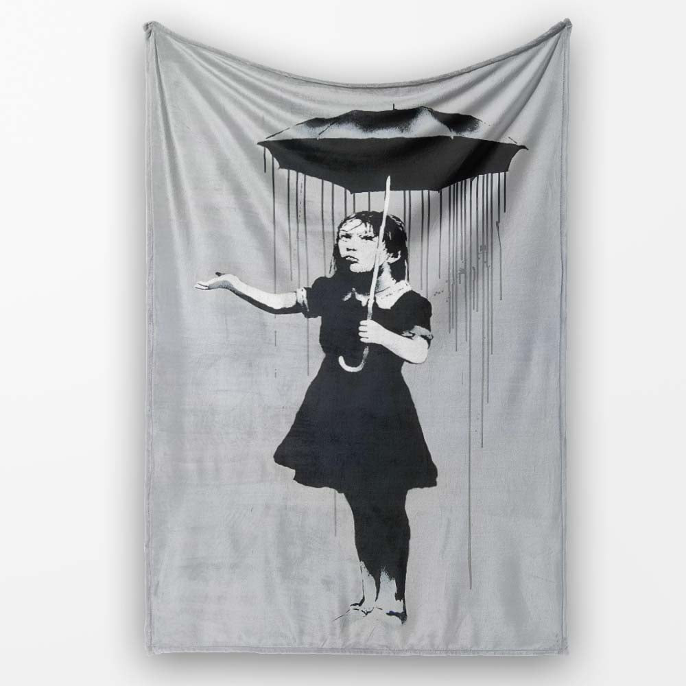 Woman Holding Dripping Umbrella Monochrome Stencil, All Season Comfort, Stylish Room Decoration - Super Soft Fleece Blanket Bed Sofa Throw