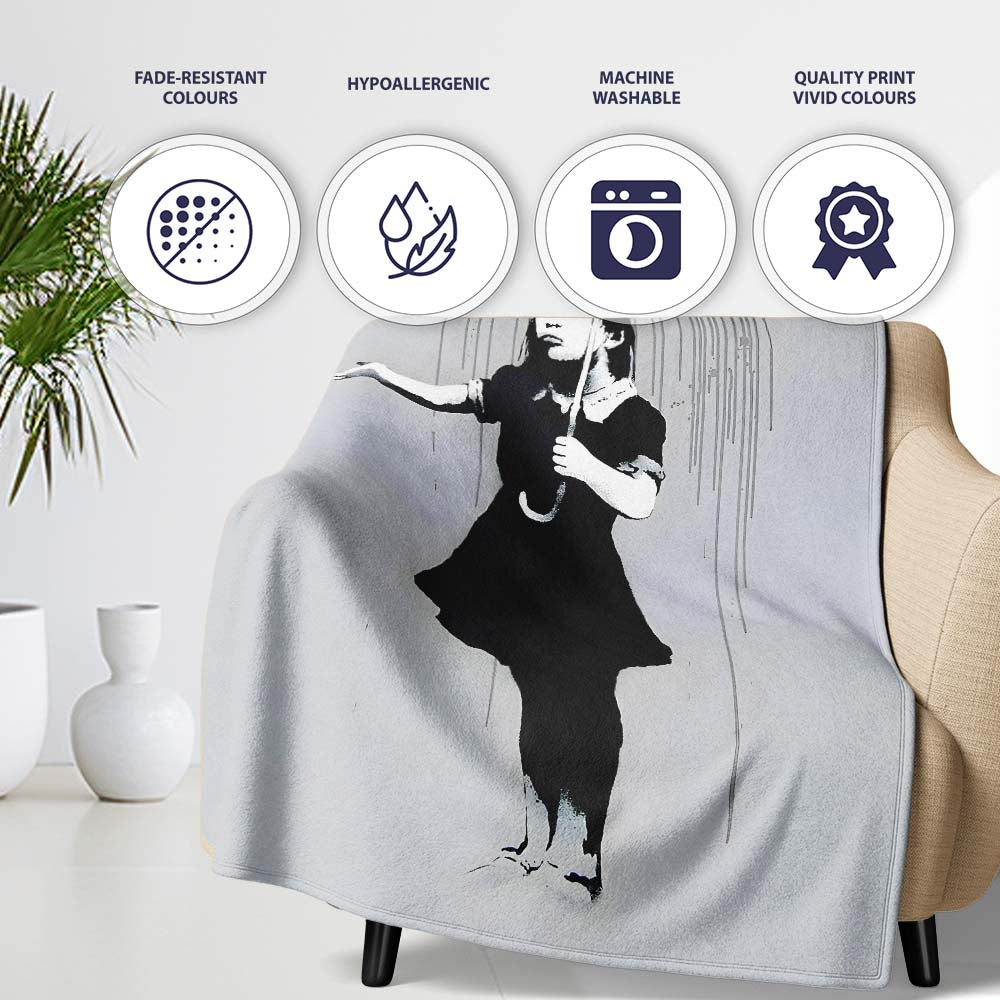 Woman Holding Dripping Umbrella Monochrome Stencil, All Season Comfort, Stylish Room Decoration - Super Soft Fleece Blanket Bed Sofa Throw