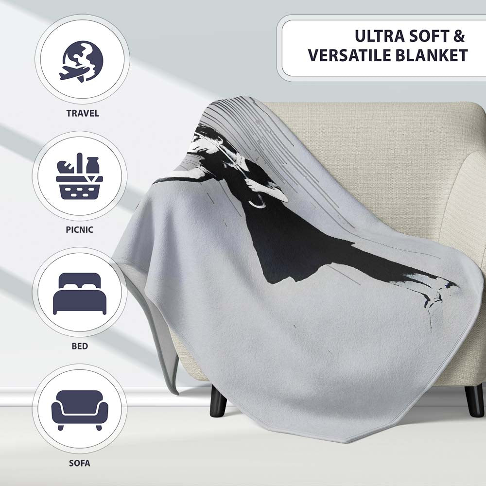 Woman Holding Dripping Umbrella Monochrome Stencil, All Season Comfort, Stylish Room Decoration - Super Soft Fleece Blanket Bed Sofa Throw