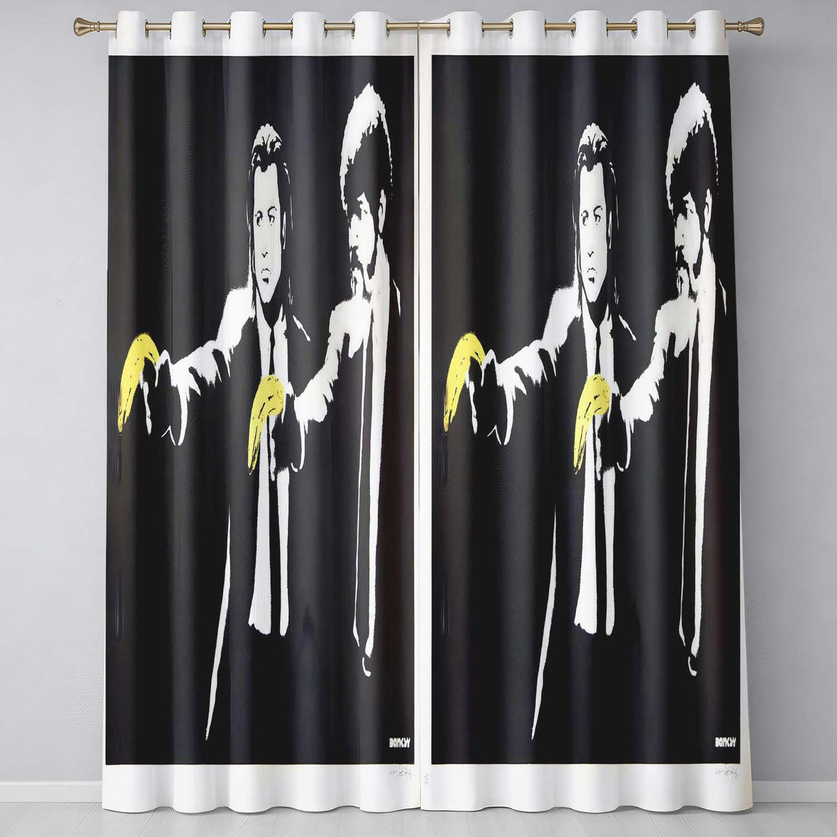 Two Suited Men Yellow Gloves Monochrome Pop Art Stylish Artwork for Bedroom Decor Readymade Eyelet Ring Top Thermal 100% Blackout Curtains