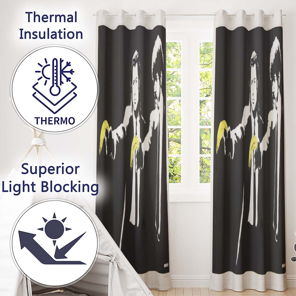 Two Suited Men Yellow Gloves Monochrome Pop Art Stylish Artwork for Bedroom Decor Readymade Eyelet Ring Top Thermal 100% Blackout Curtains