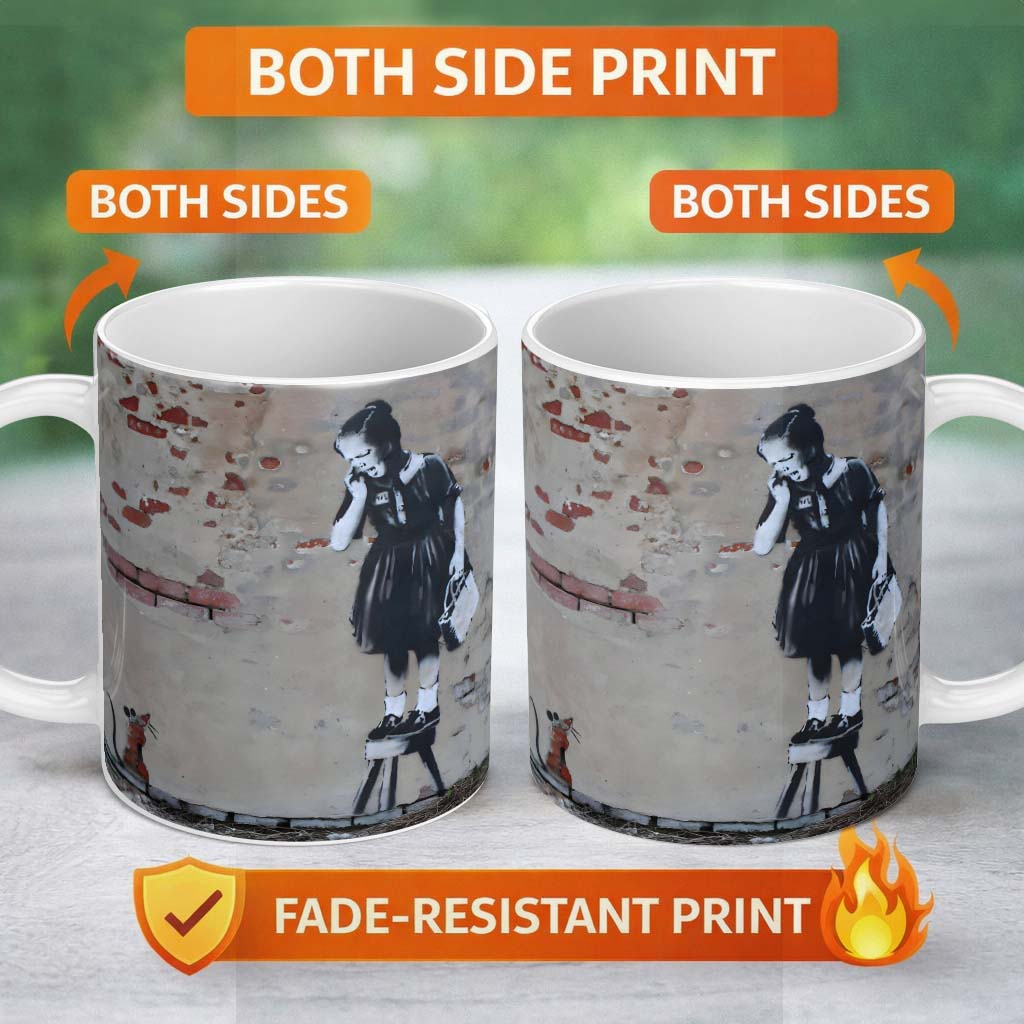 Schoolgirl and Rat Distressed Urban Stencil11oz Ceramic Coffee Tea Mug White Large Handle