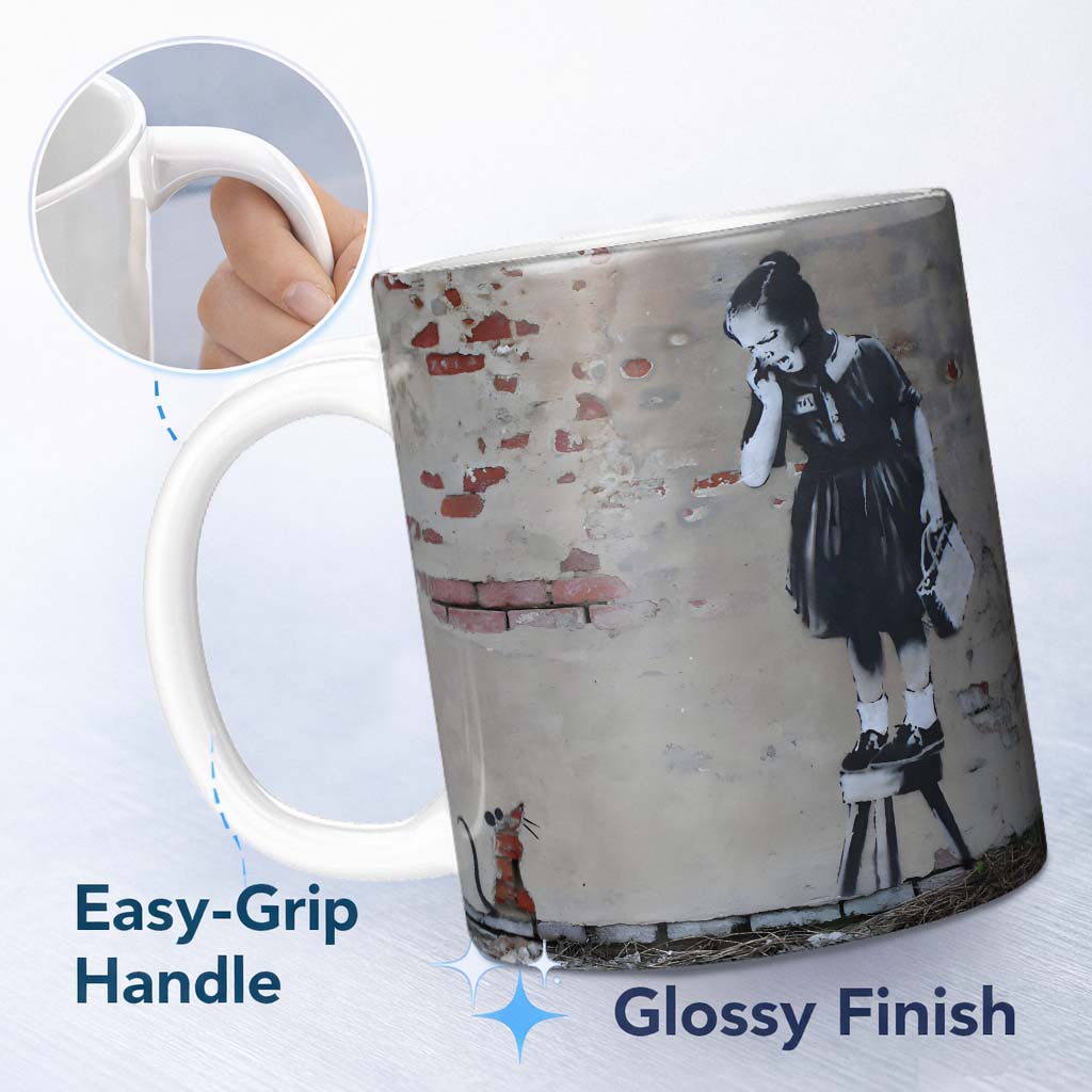 Schoolgirl and Rat Distressed Urban Stencil11oz Ceramic Coffee Tea Mug White Large Handle