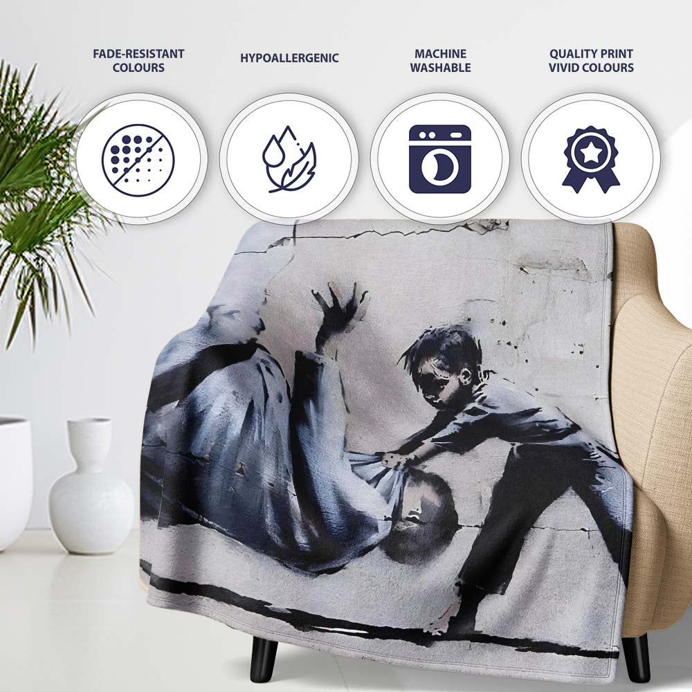 Child Pulling Fallen Statue Monochrome Graffiti, Bedroom Living Room Accent, All Season Comfort - Super Soft Fleece Blanket Bed Sofa Throw