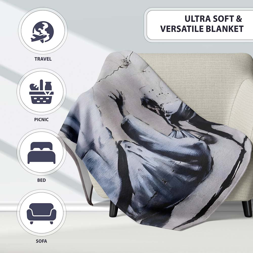 Child Pulling Fallen Statue Monochrome Graffiti, Bedroom Living Room Accent, All Season Comfort - Super Soft Fleece Blanket Bed Sofa Throw