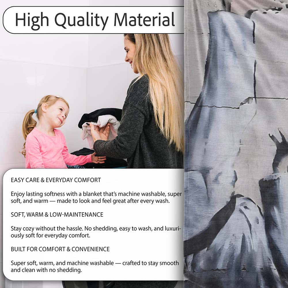 Child Pulling Fallen Statue Monochrome Graffiti, Bedroom Living Room Accent, All Season Comfort - Super Soft Fleece Blanket Bed Sofa Throw