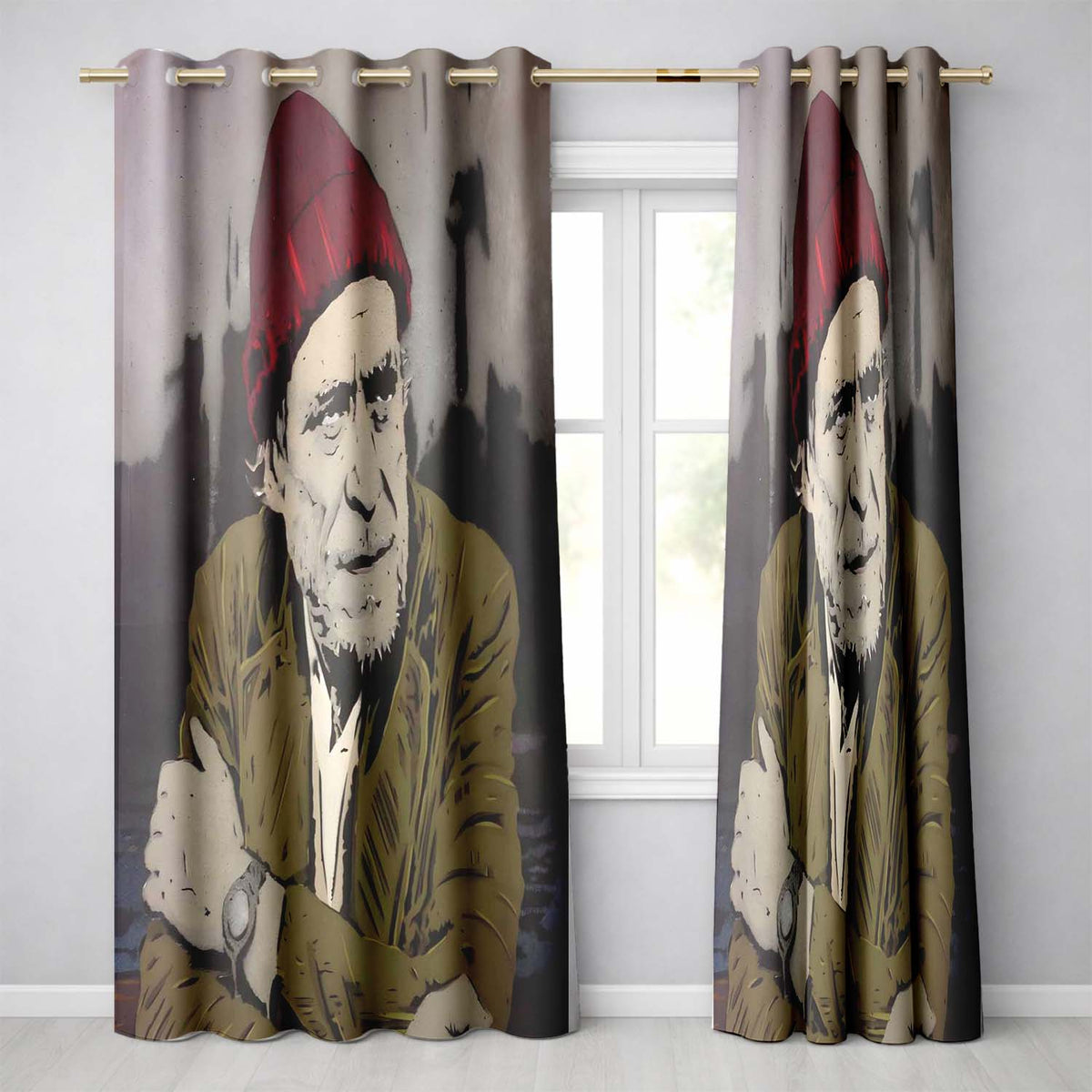 Elderly Man Red Beanie Urban Stencil Portrait Bold Stylish Artwork for Home Decor Readymade Eyelet Ring Top Thermal 100% Blackout Curtains