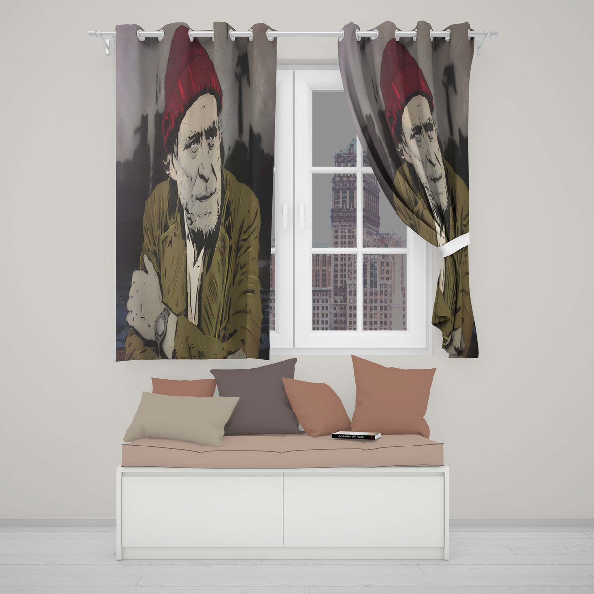 Elderly Man Red Beanie Urban Stencil Portrait Bold Stylish Artwork for Home Decor Readymade Eyelet Ring Top Thermal 100% Blackout Curtains
