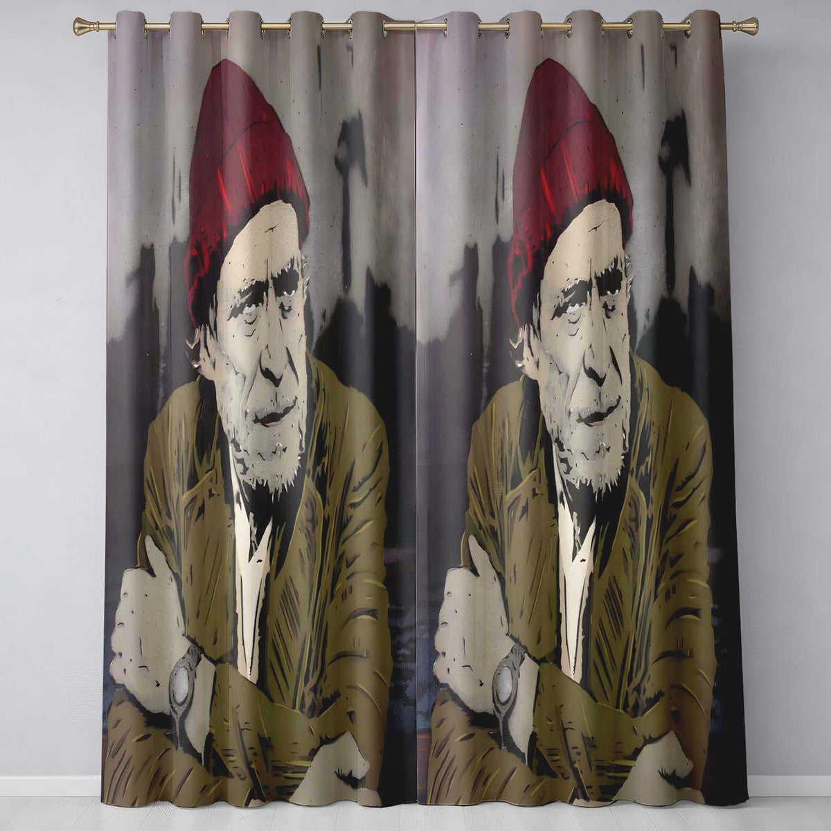 Elderly Man Red Beanie Urban Stencil Portrait Bold Stylish Artwork for Home Decor Readymade Eyelet Ring Top Thermal 100% Blackout Curtains
