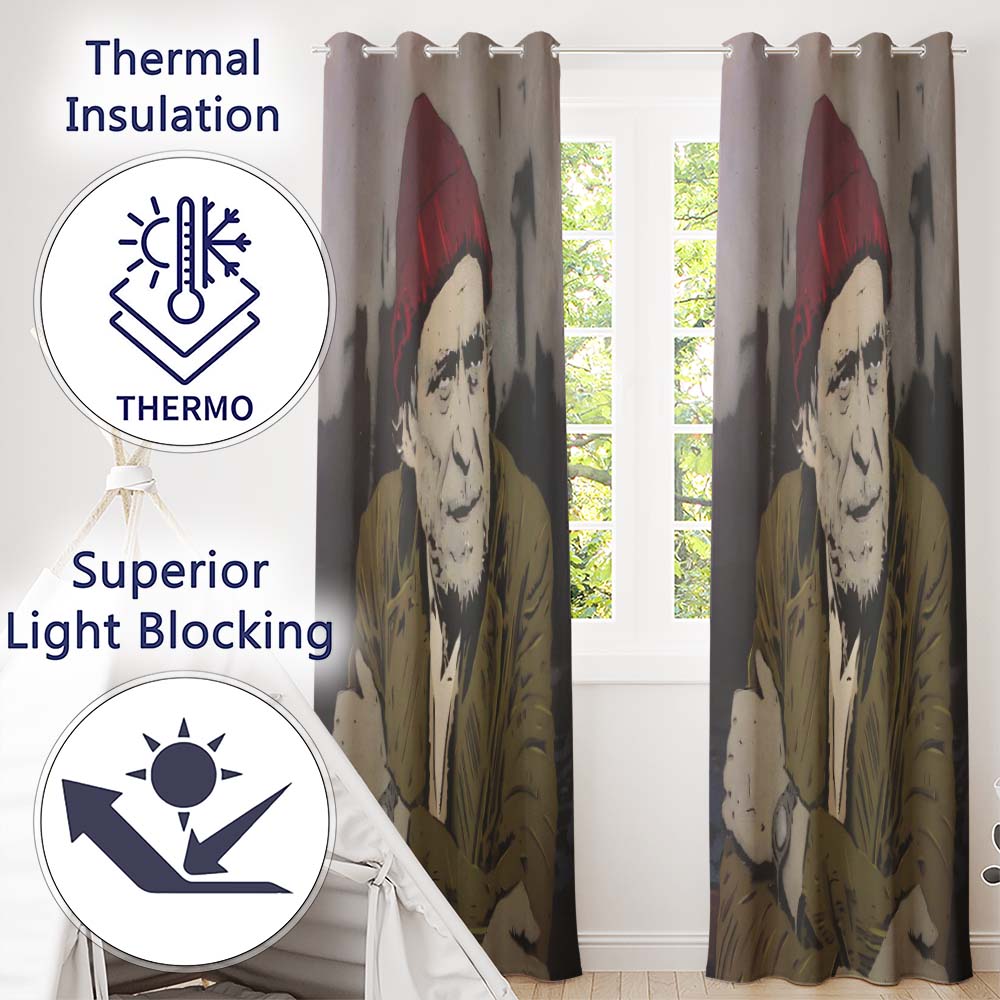 Elderly Man Red Beanie Urban Stencil Portrait Bold Stylish Artwork for Home Decor Readymade Eyelet Ring Top Thermal 100% Blackout Curtains