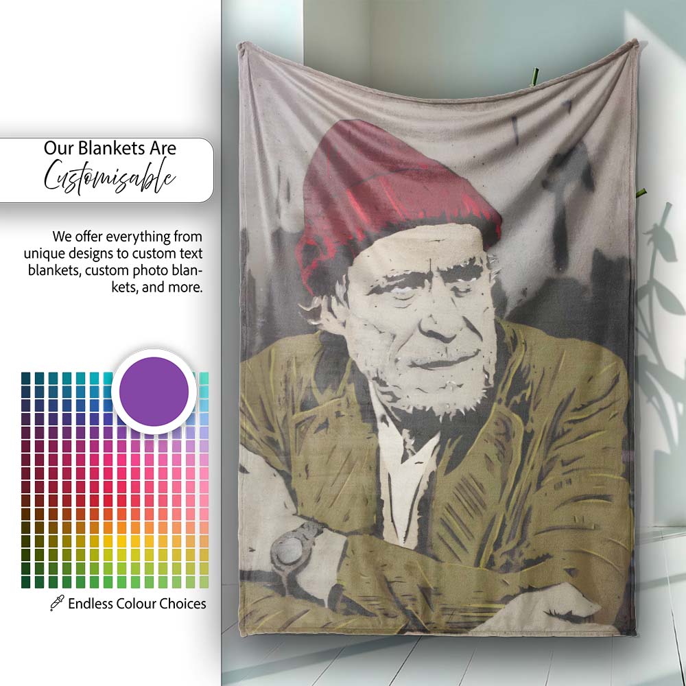 Elderly Man Red Beanie Urban Stencil Portrait, All Season Comfort, Thoughtful Housewarming Gift - Super Soft Fleece Blanket Bed Sofa Throw