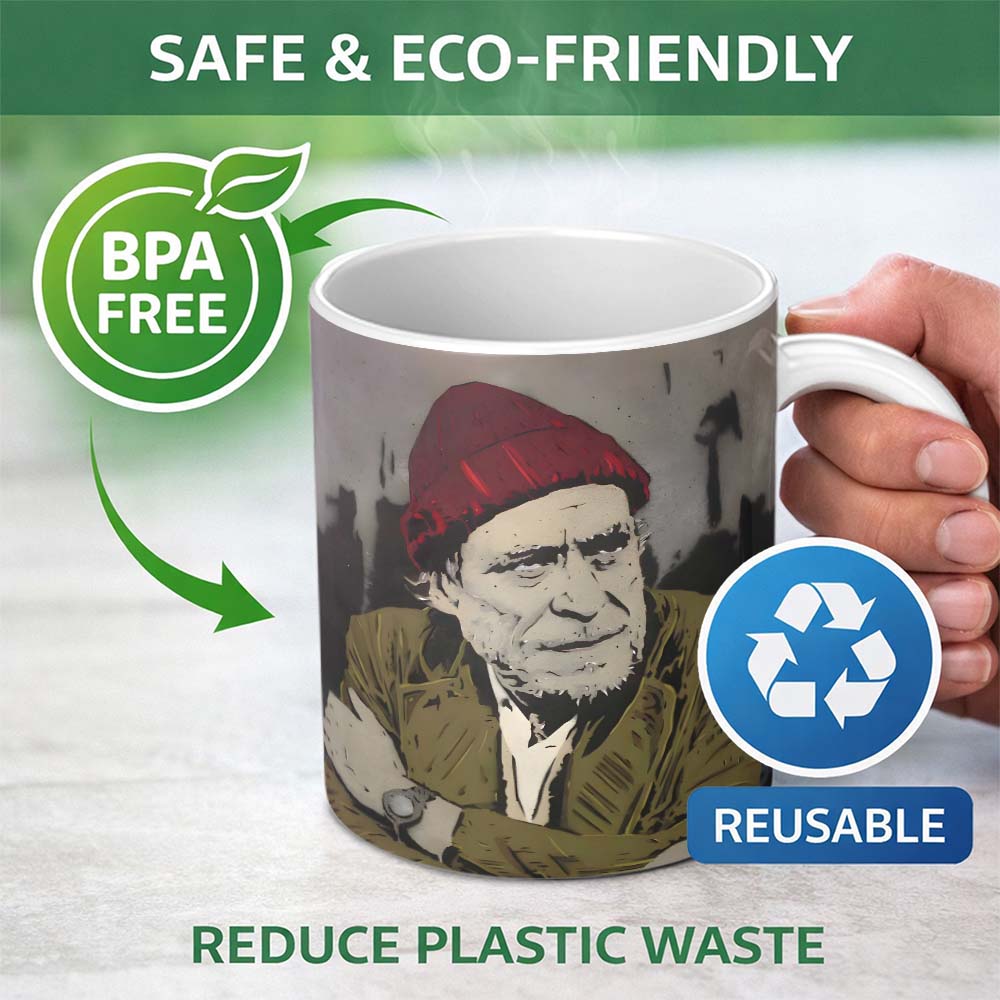 Elderly Man Red Beanie Urban Stencil Portrait 11oz Ceramic Coffee Tea Mug White Large Handle